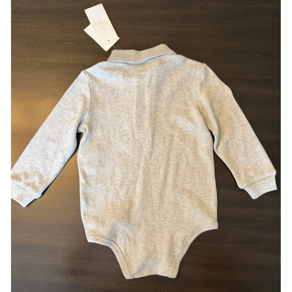 Ralph Lauren Soft Cotton Long-Sleeve Polo Bodysuit Gray NWT 18 Mo. Baby